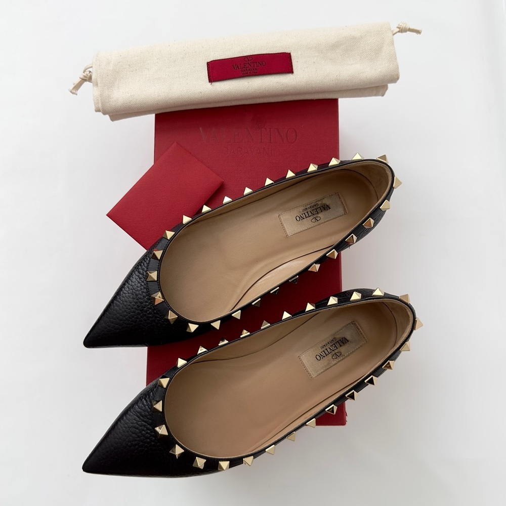 ✨Auth VALENTINO GARAVANI Rockstud Pebbled Leather Pointed Ballerina Flats 36.5 - Picture 14 of 16